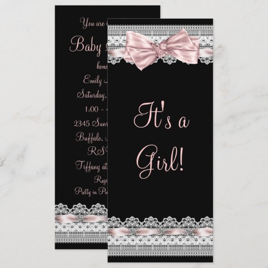 Witte kant Roze lint Roze en zwart Baby shower Kaart (Voorkant / Achterkant)