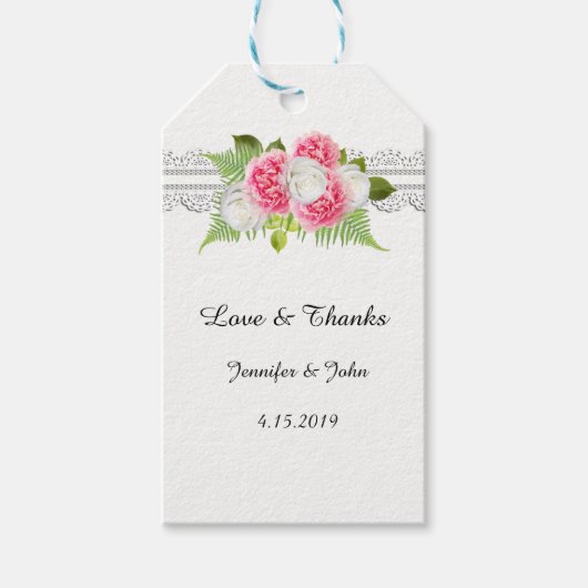 Witte Kant Roze Pioenrozen Favor Gift Label Cadeaulabel (Voorkant)