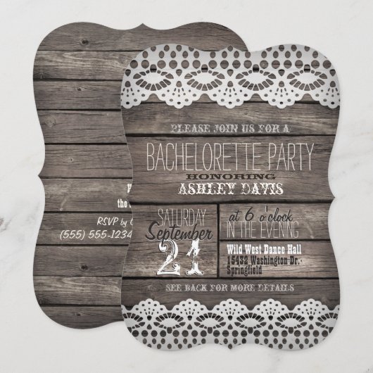 Witte kant; Rustiek Bruin Hout Bachelorette Party Kaart (Voorkant / Achterkant)