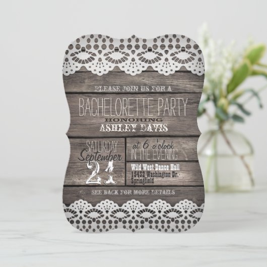 Witte kant; Rustiek Bruin Hout Bachelorette Party Kaart (Staand voorkant)