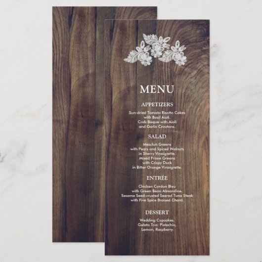 Witte Kant | Schuur Hout Bruiloft Menu Kaart (Voorkant / Achterkant)