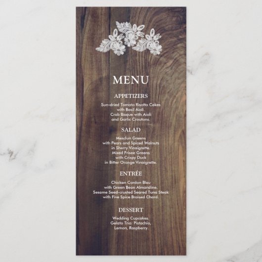 Witte Kant | Schuur Hout Bruiloft Menu Kaart (Voorkant)