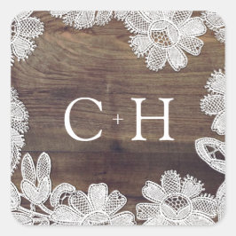 Witte Kant | Schuur Houten Monogram Bruiloft Vierkante Sticker