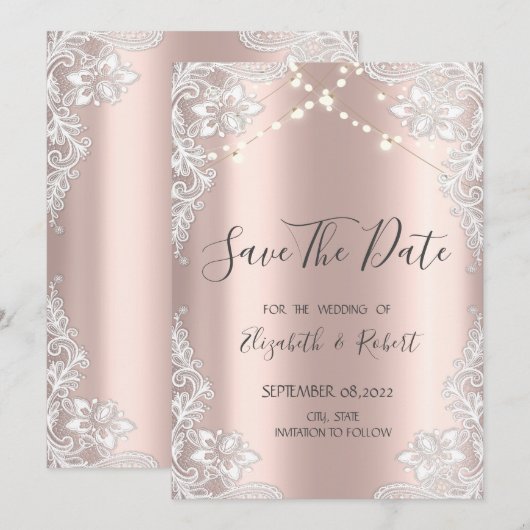 Witte kant,Sliert Lichtjes Roze Goud Bewaar De Dat Save The Date (Voorkant / Achterkant)