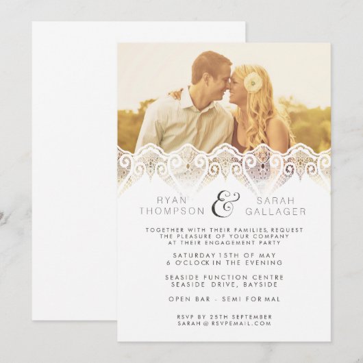 Witte kant Verloving bruiloft foto uitnodigen Kaart (Voorkant / Achterkant)