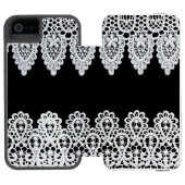 Witte kant vormt een delicate grens tegen zwart incipio iPhone portemonnee hoesje (Agenda Open)