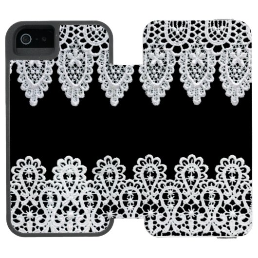 Witte kant vormt een delicate grens tegen zwart incipio iPhone portemonnee hoesje (Agenda Open)