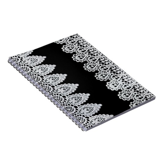 Witte kant vormt een delicate grens tegen zwart notitieboek (Rechterzijde)