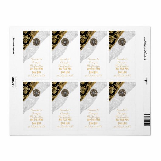 Witte kant zwart goud damast bruiloft wijn fles etiket (Full Sheet)