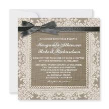 Witte kant zwarte boog & jute bruiloft uitnodiging