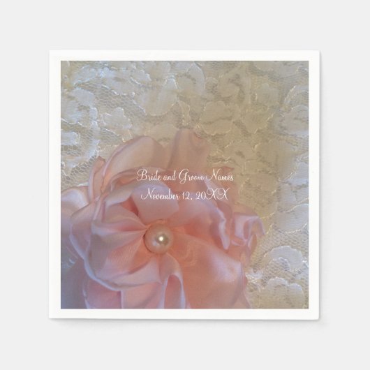 Witte Kanten Roze Bloem Met Parel Servetten (Voorkant)