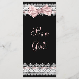 Witte Kanten Roze Lint Roze en Zwarte Baby Shower Kaart