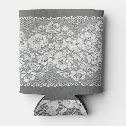 Witte kanten stof, grijze achtergrond textuur. blikjeskoeler (Voorkant)