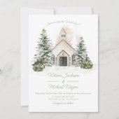 Witte Kapel in de Sneeuw Pines Bruiloft Kaart (Voorkant)