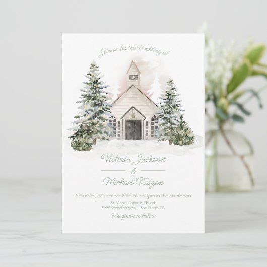 Witte Kapel in de Sneeuw Pines Bruiloft Kaart (Staand voorkant)