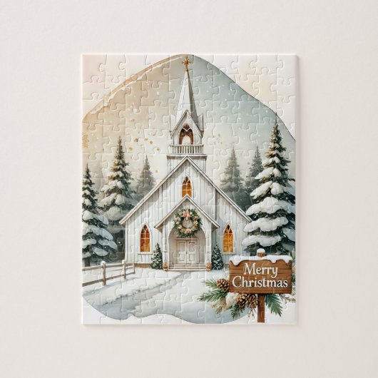 Witte kapel op het platteland | nachtkerststal legpuzzel (Verticaal)