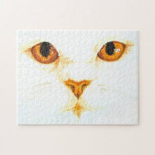 Witte Kat Amber Ogen Aquarel Art Print Legpuzzel