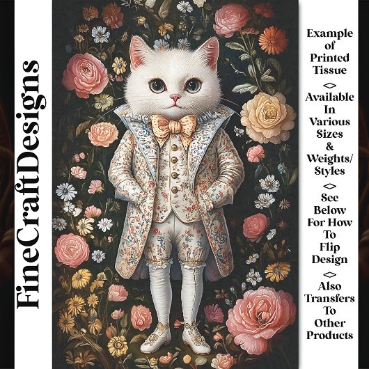 Witte Kat Barok Geborduurde Outfit CB7 Decoupage Tissuepapier