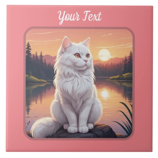 Witte kat bij het meer tegeltje (Voorkant)