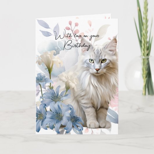 Witte kat Blauw Roze Bloemen Met Liefde Verjaardag Feestdagen Kaart (Voorkant)