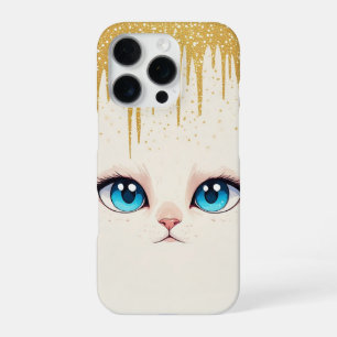 Witte Kat Blauwe Ogen Minimalistische Gouden Drupp iPhone 16 Pro Hoesje