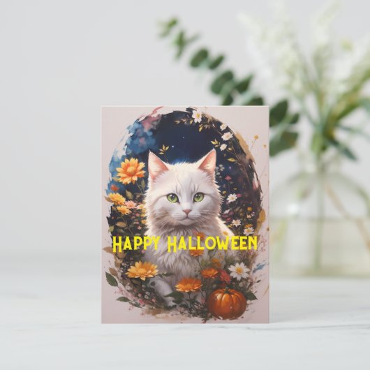 Witte Kat Bloem Gelukkige Halloween Magic Feestdagenkaart (Staand voorkant)