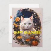 Witte Kat Bloem Gelukkige Halloween Magic Feestdagenkaart (Voorkant / Achterkant)