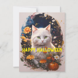 Witte Kat Bloem Gelukkige Halloween Magic Feestdagenkaart