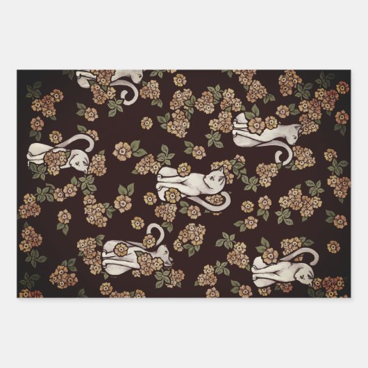 Witte kat bloemen inpakpapier vel (Voorkant 3)