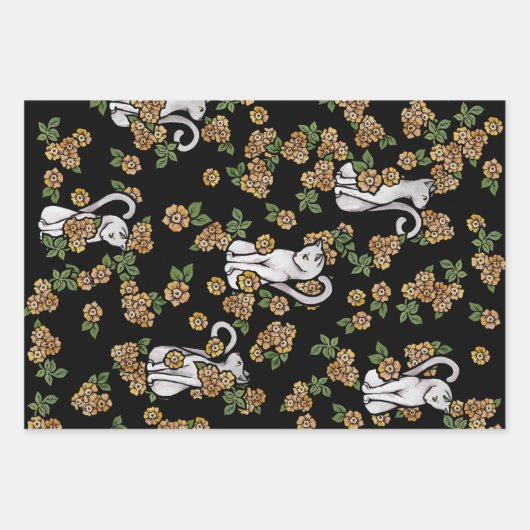 Witte kat bloemen inpakpapier vel (Voorkant)