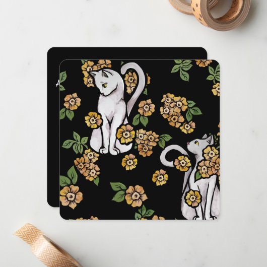Witte kat bloemen notitiekaartje (Voorkant / Achterkant in situ)