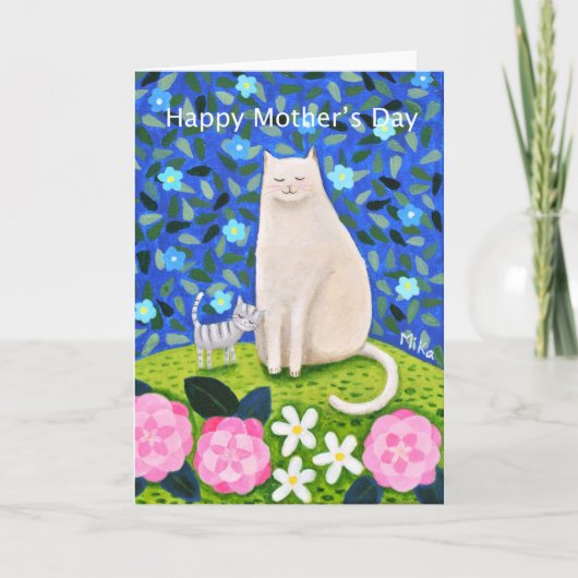 witte kat bloemengroet Moederdag Kaart (Voorkant)