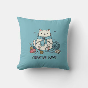 Witte Kat Breiend Mooie Hobby Huisdecoratie Blauw Kussen