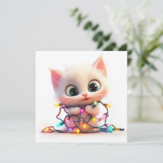 Witte kat brengt kerstvreugde kerstkaart (Staand voorkant)