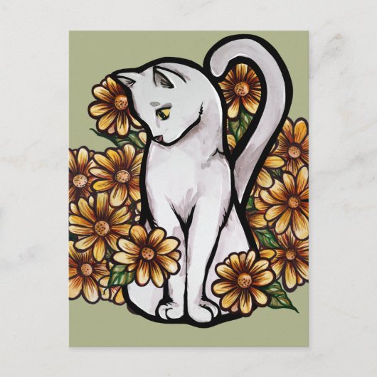 Witte kat Daisy Flowers Cats Briefkaart (Voorkant)