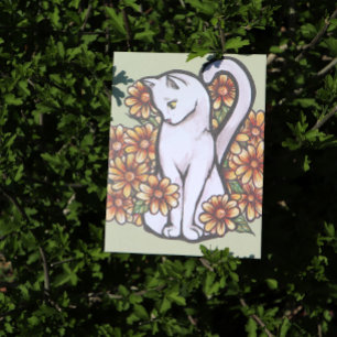 Witte kat Daisy Flowers Cats Briefkaart