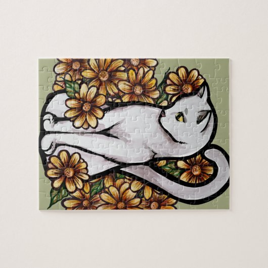 Witte kat Daisy Flowers Cats Legpuzzel (Horizontaal)