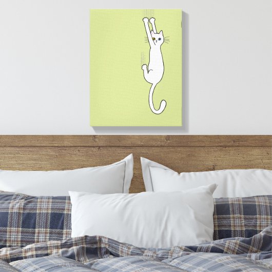 Witte kat die blijft hangen met wetten canvas afdruk (Insitu (Slaapkamer))