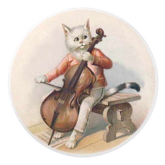 Witte kat die Cello Decoratieve Knob speelt Keramische Knop (Voorkant)
