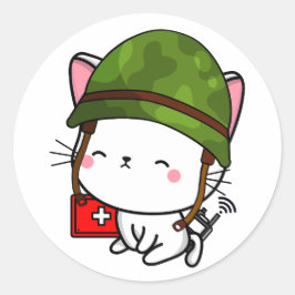 Witte kat die legerhelm draagt ronde sticker