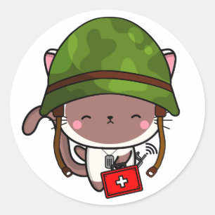 Witte kat die legerhelm draagt ronde sticker