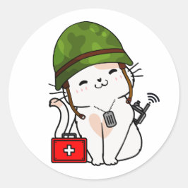Witte kat die legerhelm draagt ronde sticker