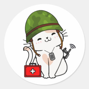 Witte kat die legerhelm draagt ronde sticker