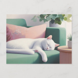 Witte kat die slaapt op een groene bank / Kattenli Briefkaart