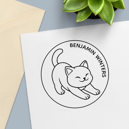 Witte kat die zich uitrekt Aangepaste tekst Zelfinktende Stempel