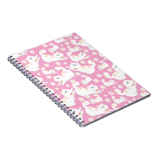 Witte Kat en bloem Patroon roze Notitieboek (Rechterzijde)