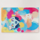 Witte kat en landhuis legpuzzel (Horizontaal)