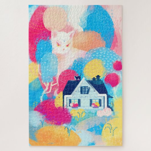 Witte kat en landhuis legpuzzel (Verticaal)