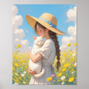 Witte Kat en Meisje Anime Poster