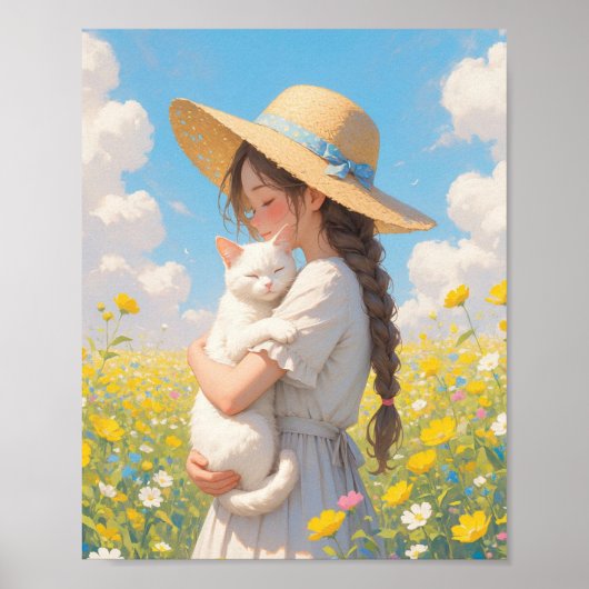 Witte Kat en Meisje Anime Poster (Voorkant)